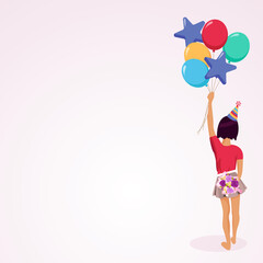 Happy birthday concept for teenager. Girl holding balloons and flowers cartoon vector illustration