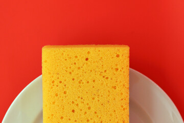 A yellow sponge lies in a white plate on a red background, a place for placing text