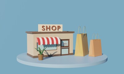 Illustration of shop and big shopping bags on platform. 3d rendering.