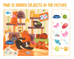 Colorful papersheet game find 10 hidden objects in the picture. Hidden items with cute funny colorful cats on educational worksheet for children. Flat cartoon vector character