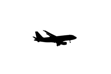 Black silhouette of passenger plane isolated on white background