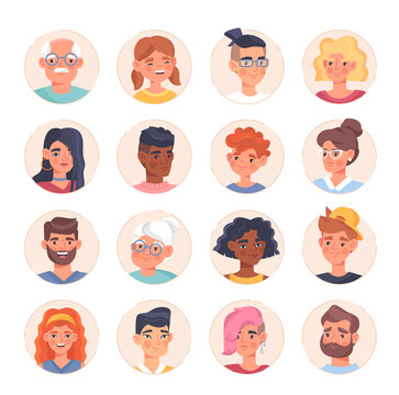 Set with male and female portraits with diferent emotions as profile avatar. Collection of different men and women completing social profile with avatar picture. Flat cartoon vector illustration