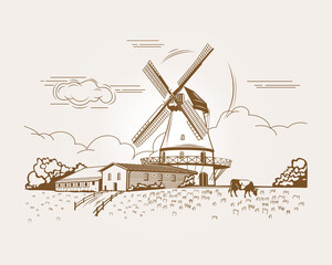 a village mill for grinding grain around a field with wheat at the cow house © ELENA