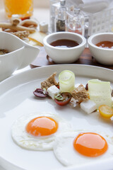 Breakfast in luxutry hotel with orange juice and various delicious choices of food.