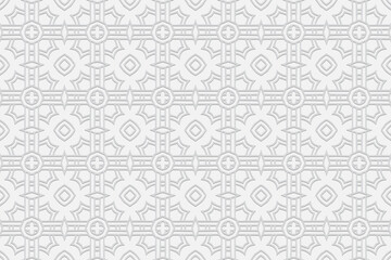 3d volumetric convex embossed geometric white background. Handmade artistic pattern. Ethnic oriental, Asian, Indonesian ornaments for design and decoration.