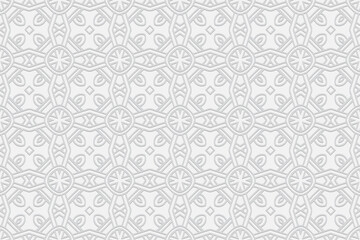 3d volumetric convex embossed geometric white background. Fashionable pattern in handmade technique. Ethnic oriental, Asian, Indonesian ornaments for design and decoration.