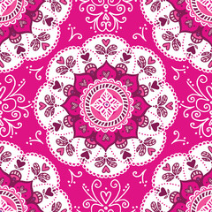 A hand-drawn mandala utilizing hearts and flourishes. This vector pattern repeats seamlessly. Perfect for teens, tweens, and girls celebrating a trendy Valentine.