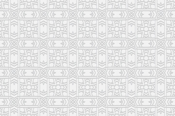 3d volumetric convex embossed geometric white background. Stylish pattern in handmade technique. Ethnic oriental, Asian, Indonesian ornaments for design and decoration.