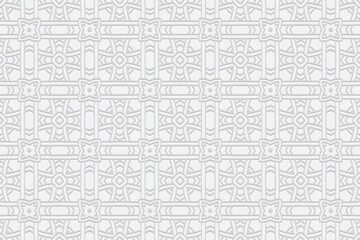 3d volumetric convex embossed geometric white background. Floral pattern in handmade technique. Ethnic oriental, Asian, Indonesian ornaments for design and decoration.