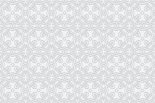 3d volumetric convex embossed geometric white background. Fashionable pattern in handmade technique. Ethnic oriental, Asian, Indonesian ornaments for design and decoration.