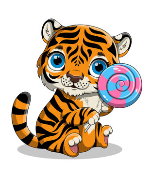 Cute hand drawn baby tiger with big blue eyes and a lollipop on white background. Beautiful colorful little tiger holding sweet candy. Template for sticker or poster. Flat cartoon vector illustration