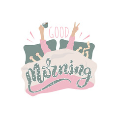 Flat vector cartoon illustration with the hands woman who stretches after sleeping in a bed. The concept of a good morning and a good start to the day.