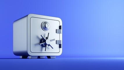 3d render, closed metallic safe box isolated on blue background. Banking safety symbol - obrazy, fototapety, plakaty