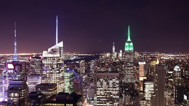 bird view on night light manhattan 4k timelapse from new york usa