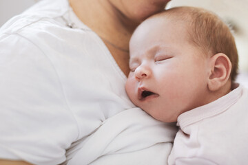 Close up view of caucasian cute newborn baby, a sleeping.