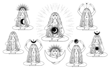 Hand drawn set of silhouette mystical women with Sun, moon, star in line art. Spiritual abstract young woman. Magic collection, esoteric talisman. Vector illustration isolated on white background