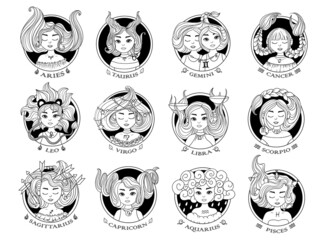 Zodiac signs. Astrological black-white icons. A set of pretty girls with different hairstyles. Astronomy. Vector illustration isolated on white background.
