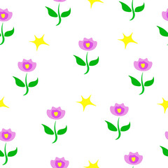 Seamless pattern purple abstract flowers and yellow stars on white background, vector eps 10