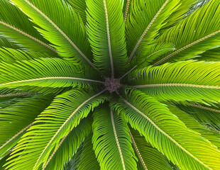 Cycas revoluta, sago palm with green leaves. Top view
