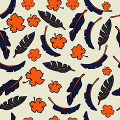 Seamless pattern tropical leaves and flowers on a beige background