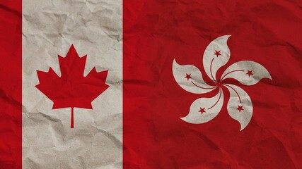 Hong Kong and Canada Flags Together, Crumpled Paper Effect Background 3D Illustration