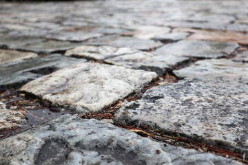 Ancient cobblestone pavement. Paving stone road close-up after rain. Summer travel Mediterranean historical landmarks