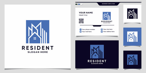 Building real estate logo with square negatif space concept and business card design Premium Vector