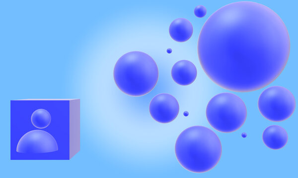 Symbol of a person in a blue cube on a blue background in gradient colors looking at blue balls of different sizes. 3D rendering © Rysak