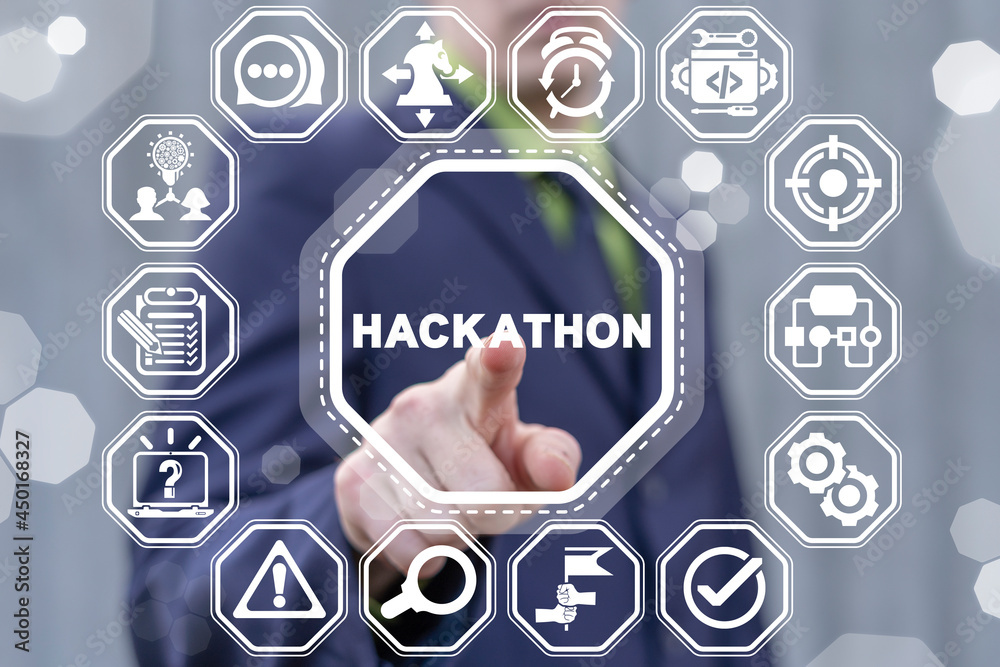 Aufkleber concept of hackathon. forum together programming for software developers, designers and managers to 
