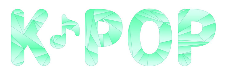 K POP lettering isolated on white background. Polygonal image. Green inscription, decorated with a musical sign. Expression of love for Korean popular music. 