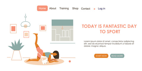 Web page with woman doing fitness training. Sport, Workout, Healthy lifestyle, Gym, Fitness, Training. Vector illustration for poster, banner, advertising, website.