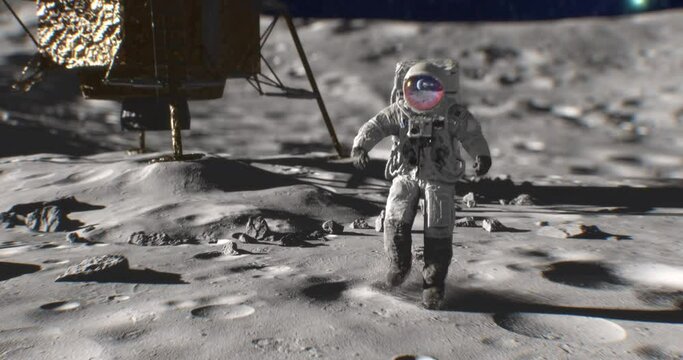 Astronaut on the Moon during Apollo Mission Program Planet Earth on background