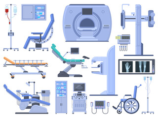 Hospital medical diagnostic healthcare equipment tools. Dentist chair, wheelchair, blood transfusion, cardiograph, ultrasound, x-ray machine vector symbols set
