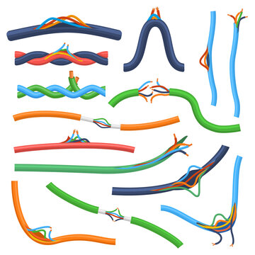 Damaged broken short circuit electrical cable wires. Electrical disconnect cable, broken flexible electrical cables vector illustration set. Broken wire cables