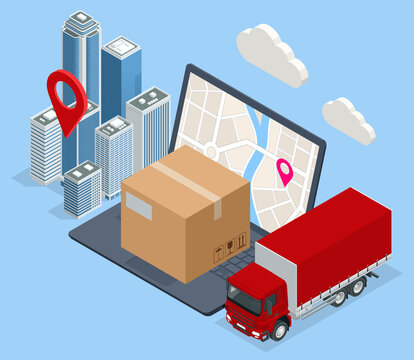 Isometric Logistics and Delivery concept. Delivery home and office. City logistics.