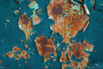 Rusty sheet of metal in the water.Rust stains on green paint