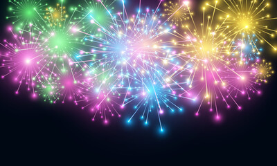 Festive fireworks with brightly shining sparks. Colorful firecrackers and celebration lights in night sky. Happy new year sparkle. Realistic fireworks celebration vector background.