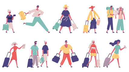Walking hurrying male and female tourist group characters. Tourists in airport with bags, suitcases vector illustration set. Tourists characters walking