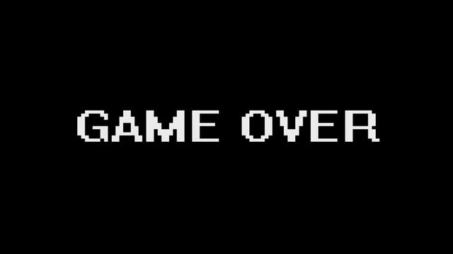  game over pixel text  with glitch effect animation. Retro, colorful  video footage, 4K