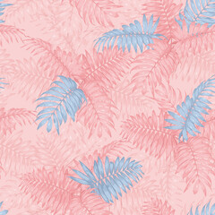 seamless patern. Colorful pattern of tropical leaves. Pink and blue palm leaves as a background. for printing on fabric, wallpaper, stationery