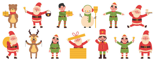 Christmas elves, snowman and reindeer Santa Claus helpers mascots. Winter holiday funny team vector illustration set. Santa Claus noel helpers characters