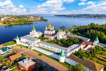 Aerial drone view of the Orthodox Holy Trinity Ipatievsky monastery during summer with Volga river...