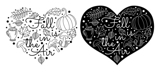 Text with autumn leaves in a line art style.