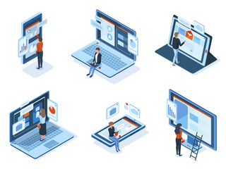 Isometric characters use technology gadgets interfaces. People work or study use laptop tablet smartphone screens vector illustration set. Characters interact interfaces
