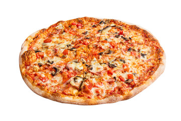 Fresh tasty capricciosa pizza with mozzarella, cheese, tomatoes, ham and champignons isolated on white background
