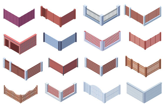Isometric garden or suburban house 3d gate fences. Wooden, metal trellises, stone gate fences vector illustration set. Courtyard fencing