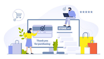 People buying online concept illustration. Woman doing purchases using computer and having credit card verification
