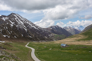 Mountain pass of Sarenne (Col de Sarenne) near Alpe d'Huez in the French alps in the Springtime 