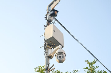 CCTV camera on the pole. Professional Security cameras scanning the street in the city. 
