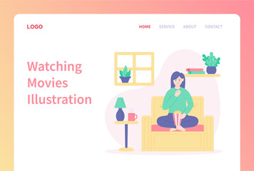 Naklejka na ściany i meble Landing page template of Streaming movies. Woman eating popcorn and watching streaming movie at home. Modern flat design illustration for website and mobile website.